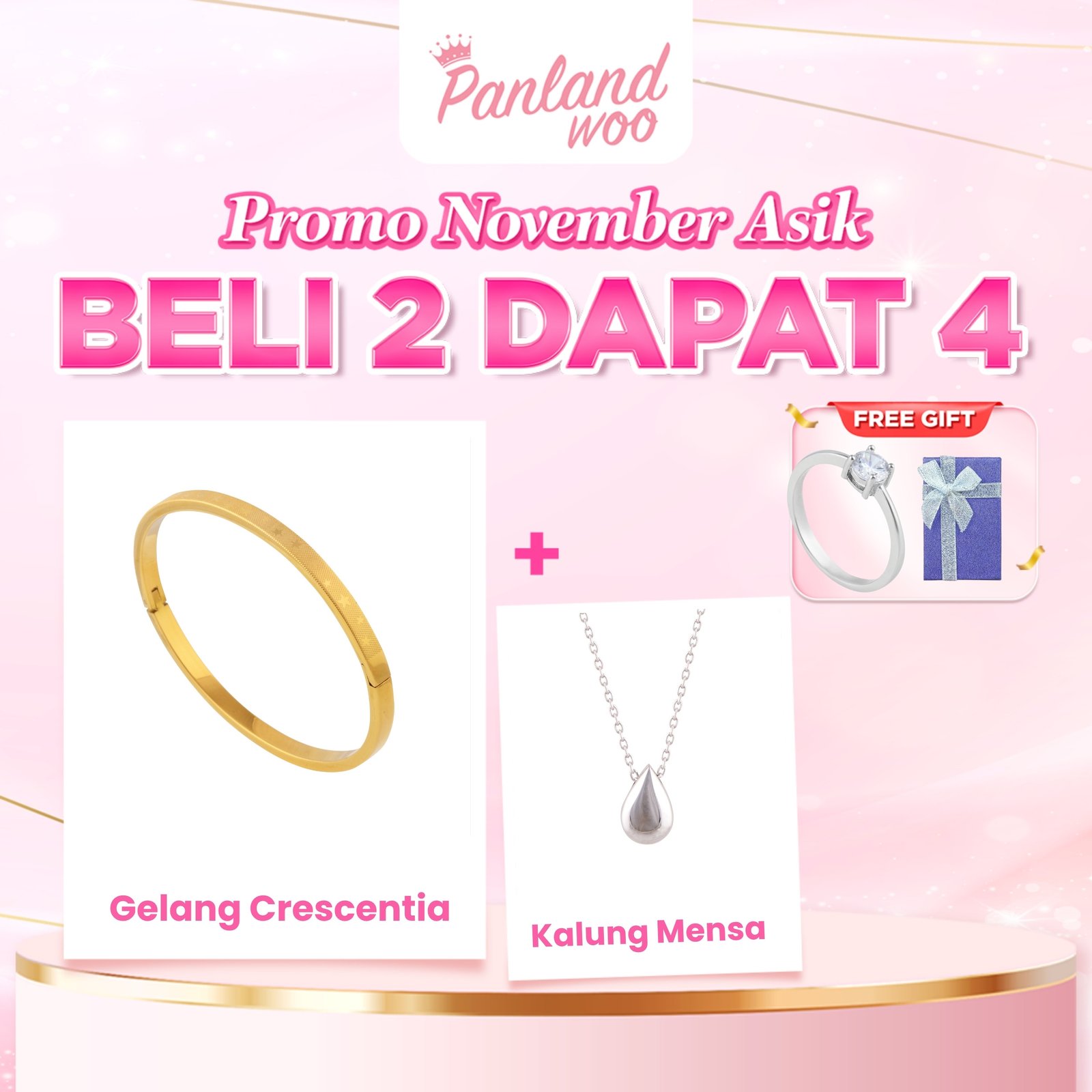 Panlandwoo - Promo November Asik - Beli 2 Dapat 4 - Beli Gelang Bangle Crescentia + Kalung Mensa - Free Cincin Emely & Kotak Persegi Panjang