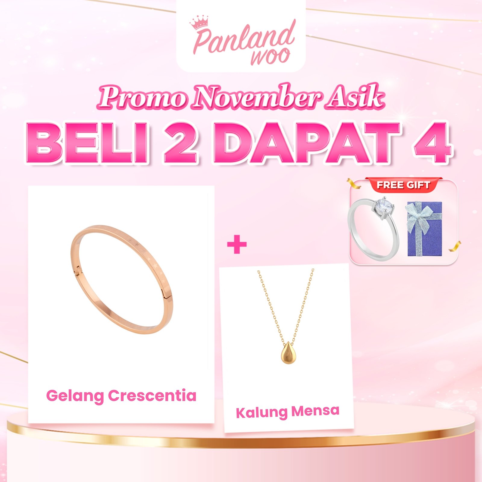 Panlandwoo - Promo November Asik - Beli 2 Dapat 4 - Beli Gelang Bangle Crescentia + Kalung Mensa - Free Cincin Emely & Kotak Persegi Panjang - Gambar 4