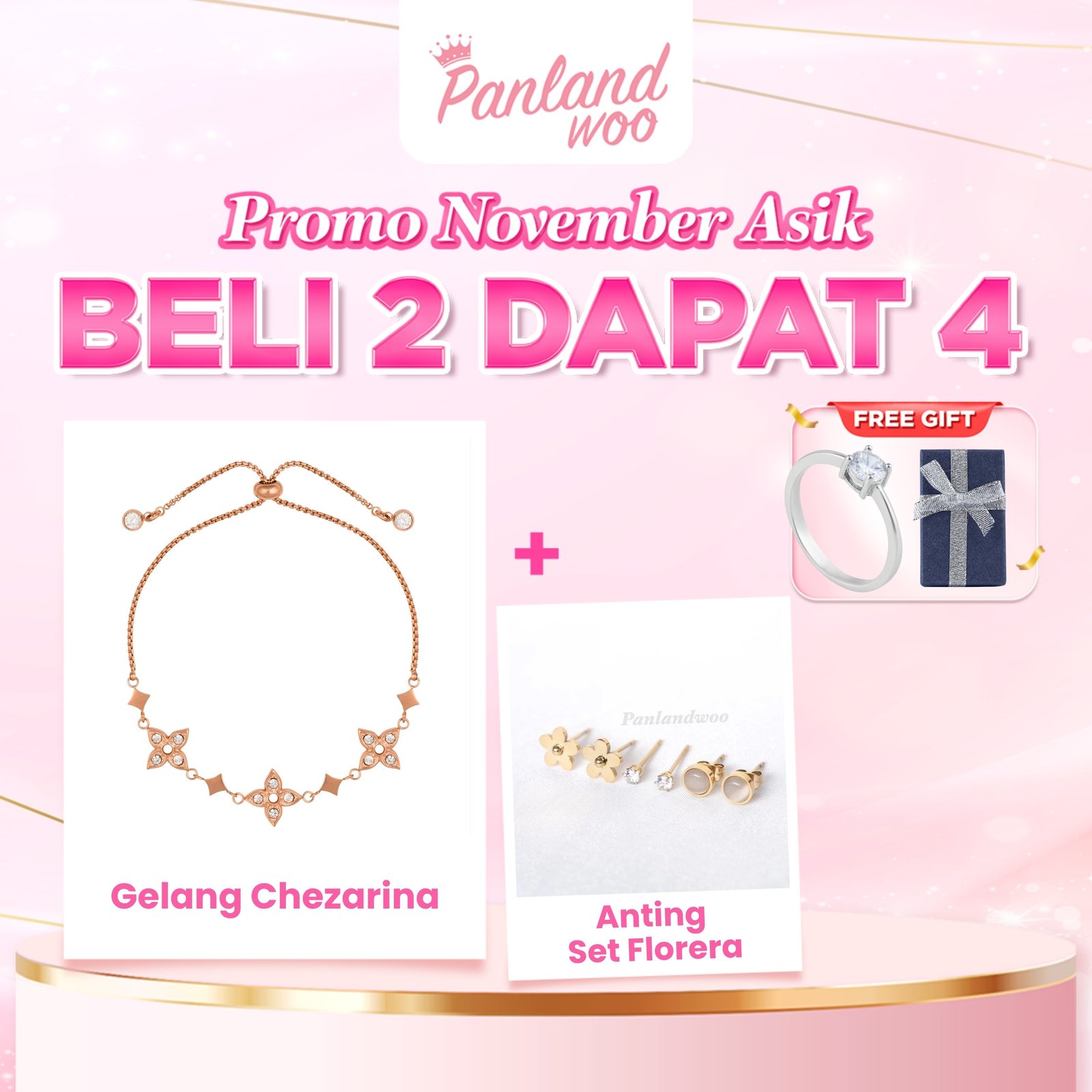 Panlandwoo - Promo November Asik - Beli 2 Dapat 4 - Beli Gelang Serut Chezarina + Anting Set Florera - Free Cincin Emely & Kotak Persegi Panjang