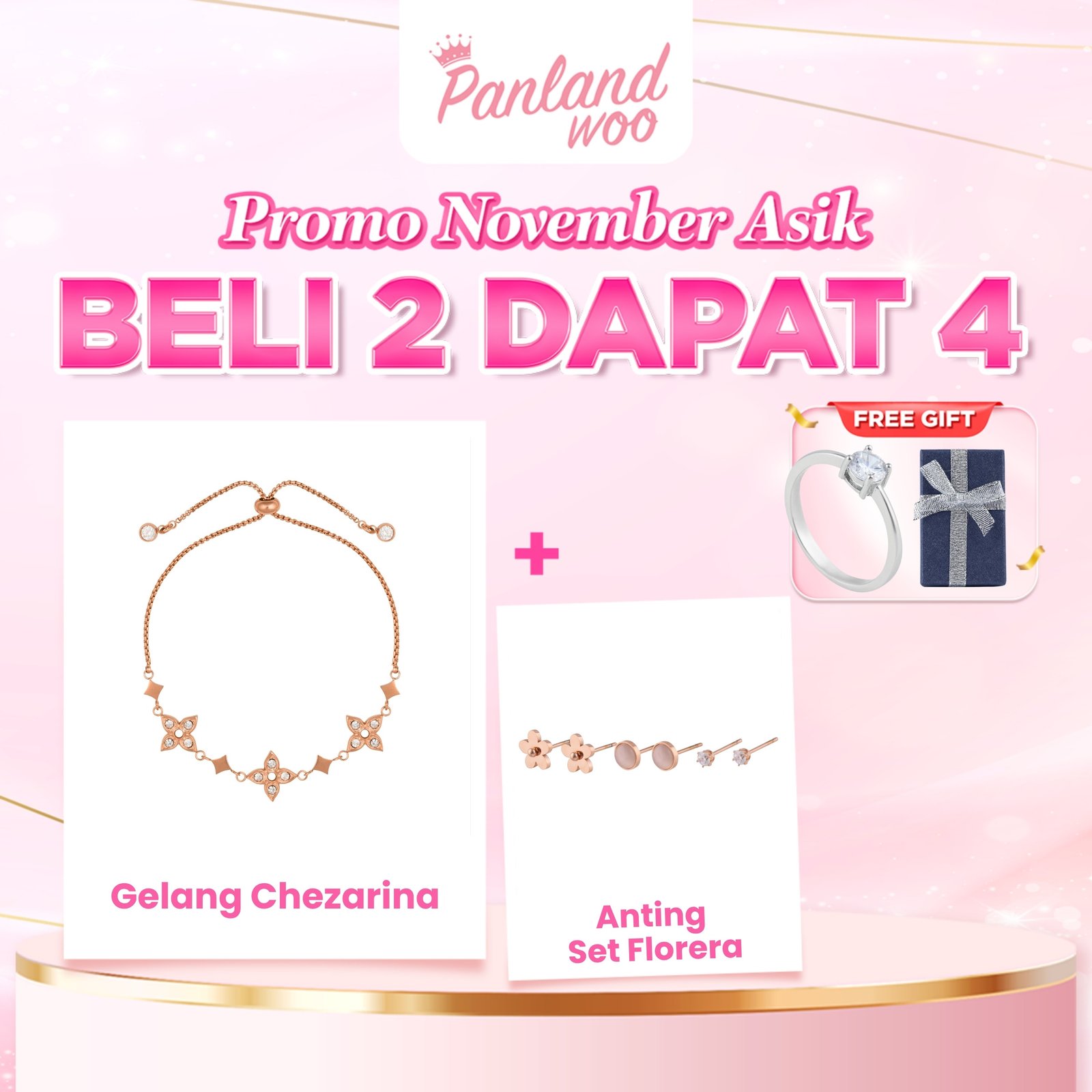 Panlandwoo - Promo November Asik - Beli 2 Dapat 4 - Beli Gelang Serut Chezarina + Anting Set Florera - Free Cincin Emely & Kotak Persegi Panjang - Gambar 4