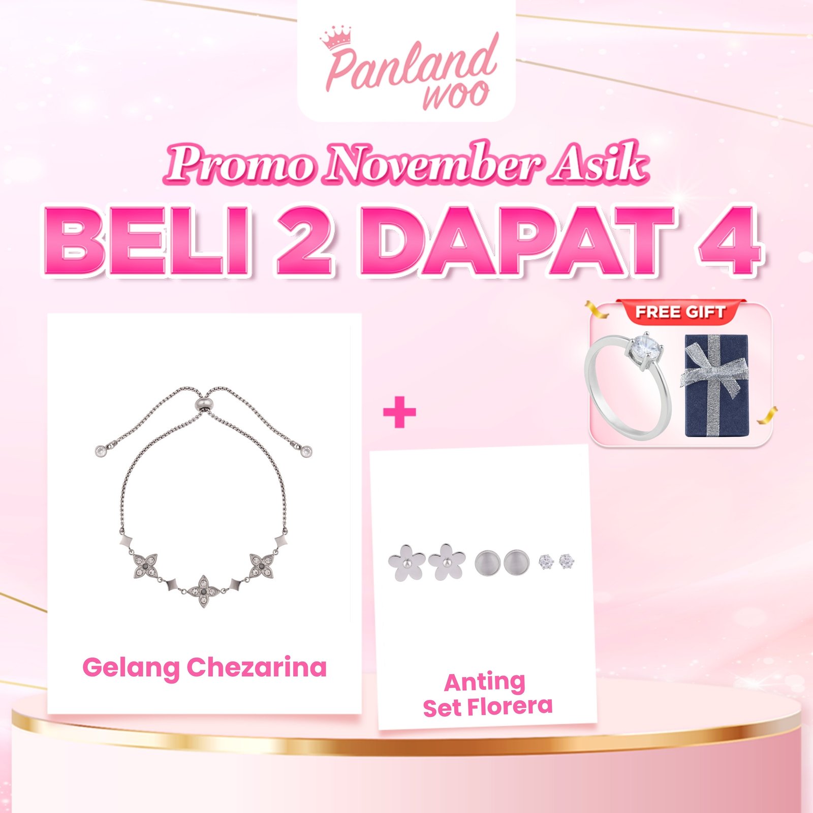 Panlandwoo - Promo November Asik - Beli 2 Dapat 4 - Beli Gelang Serut Chezarina + Anting Set Florera - Free Cincin Emely & Kotak Persegi Panjang - Gambar 7