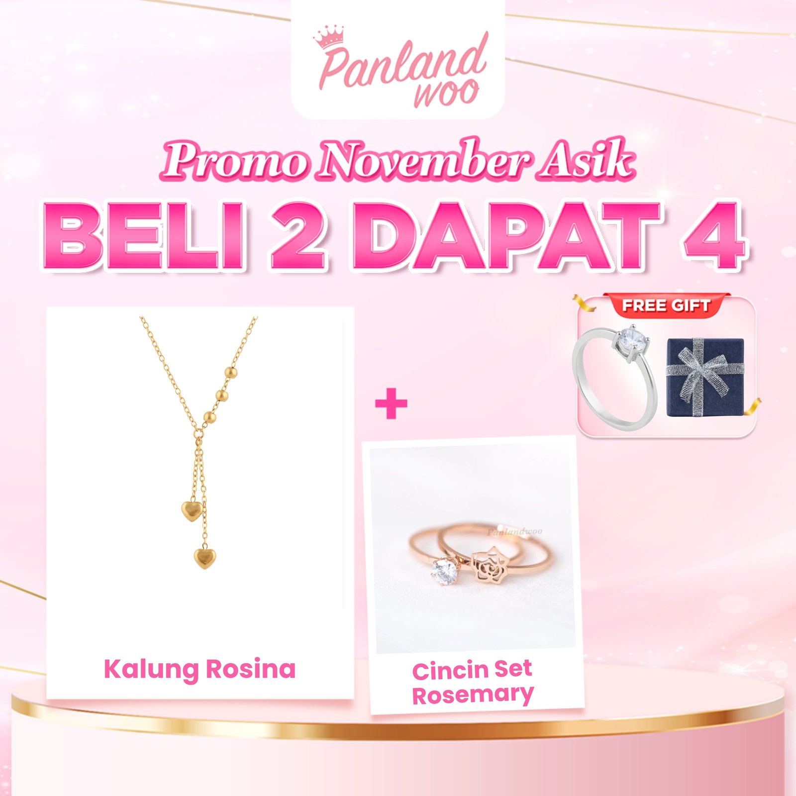 Panlandwoo - Promo November Asik - Beli 2 Dapat 4 - Beli Kalung Rosina + Cincin Set Rosemary - Free Cincin Emely & Kotak Keira