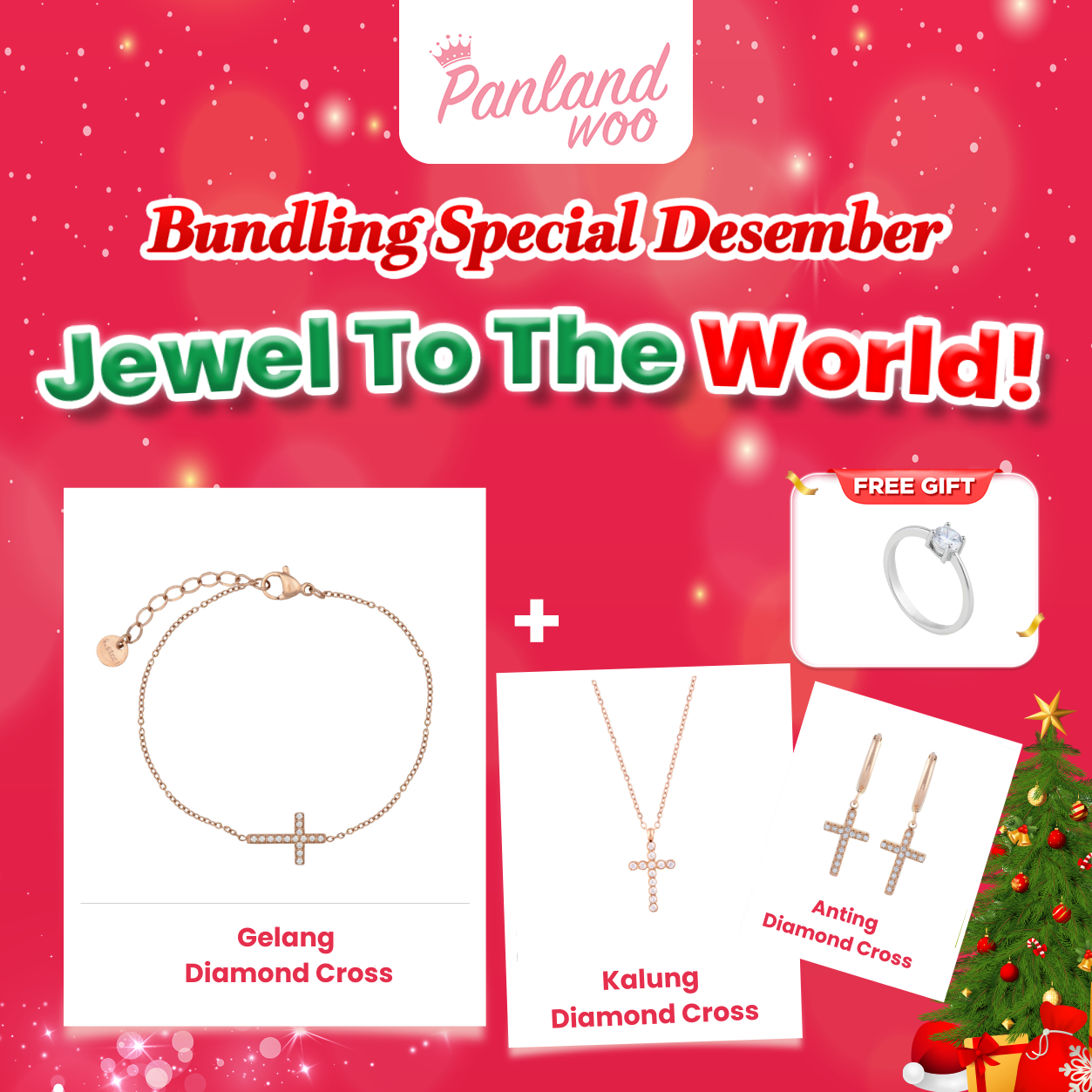Panlandwoo - Bundling Spesial Desember - Diamond Cross Set (Anting + Gelang + Kalung) + Free Cincin Emely - Gambar 4