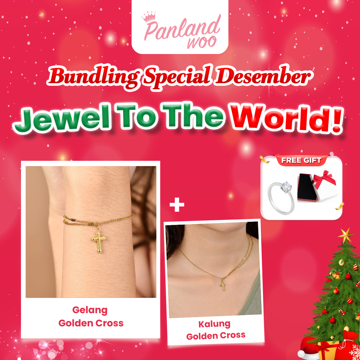Panlandwoo - Bundling Spesial Desember - Golden Cross Set (Kalung + Gelang) + Free Kotak Medium & Cincin Emely - Gambar 7