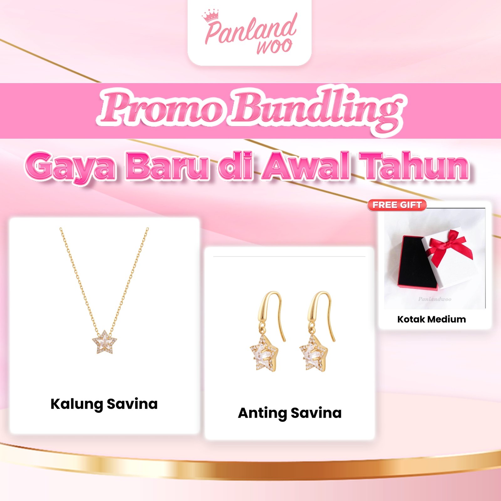 Panlandwoo - Bundling Spesial Januari - Kalung Savina + Anting Savina + Kotak Aksesoris Medium