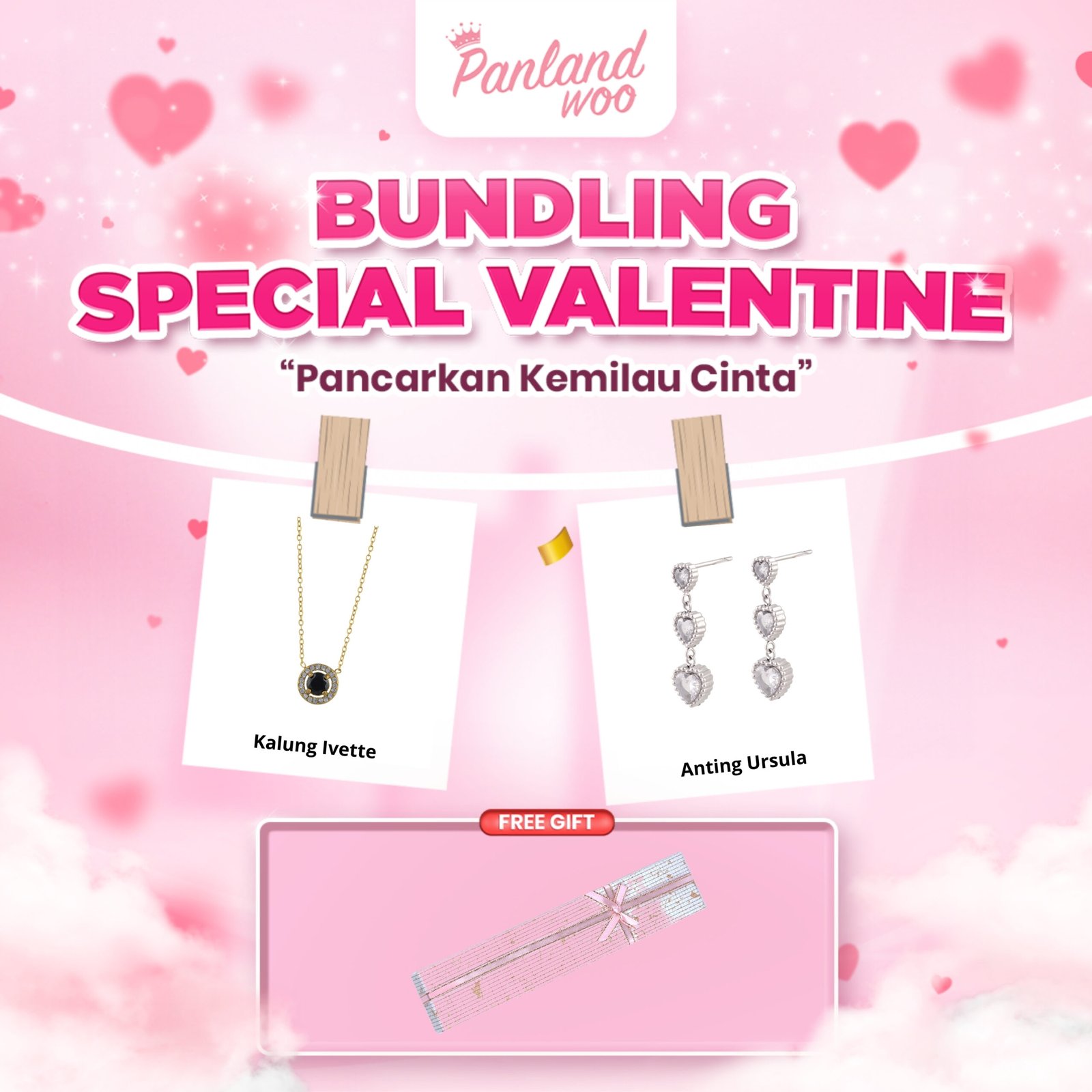 Panlandwoo - Bundling Special Valentine - Kalung Ivette + Anting Ursula + Kotak Jalsa Tall