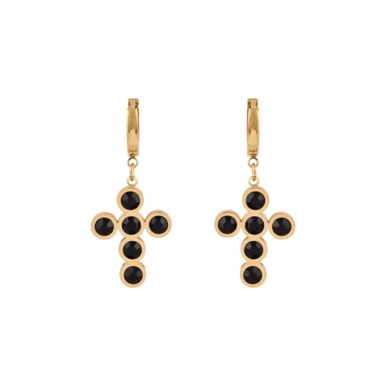 Anting hoop Nuri Gold dengan hiasan salib dan detail hitam