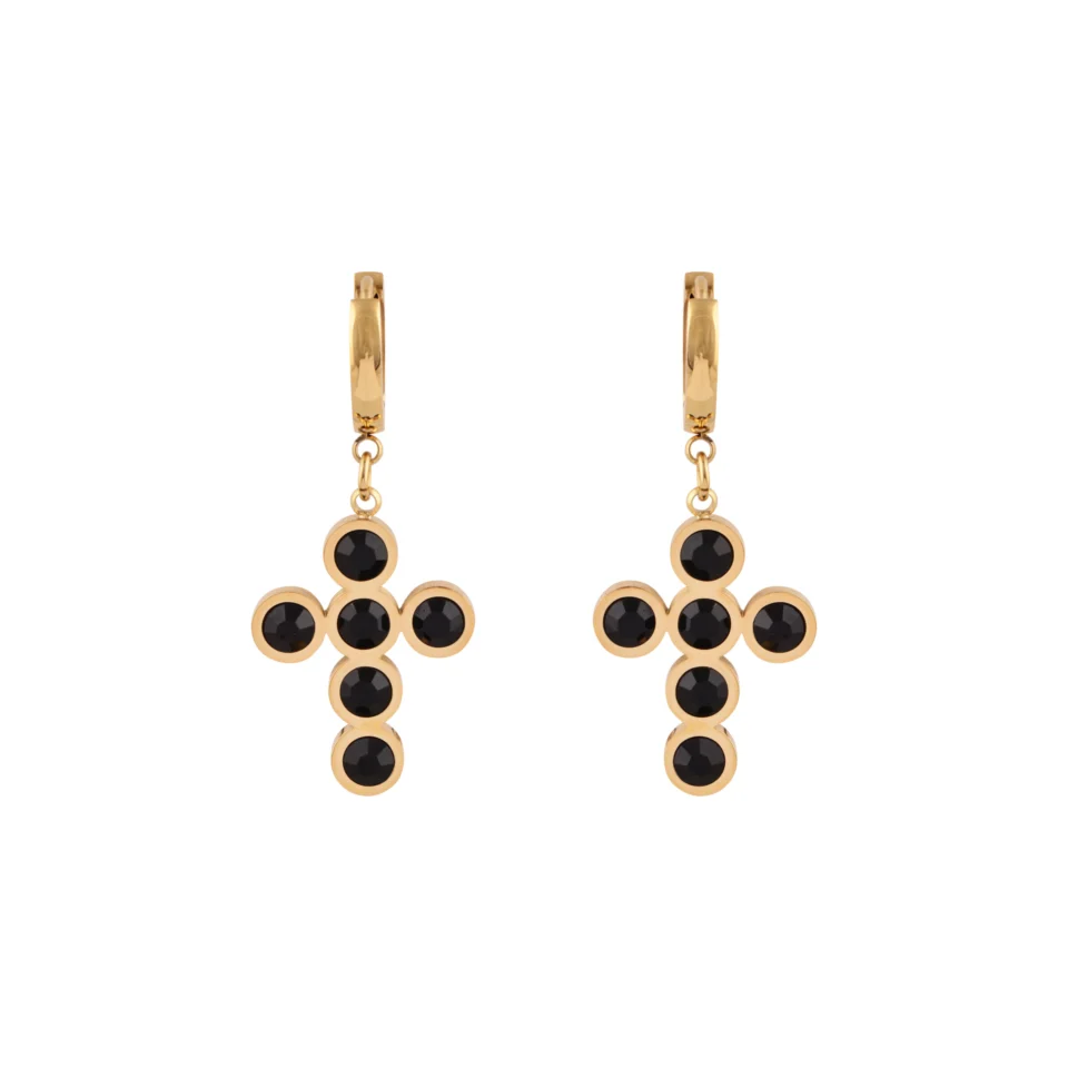 Anting hoop Nuri Gold dengan hiasan salib dan detail hitam